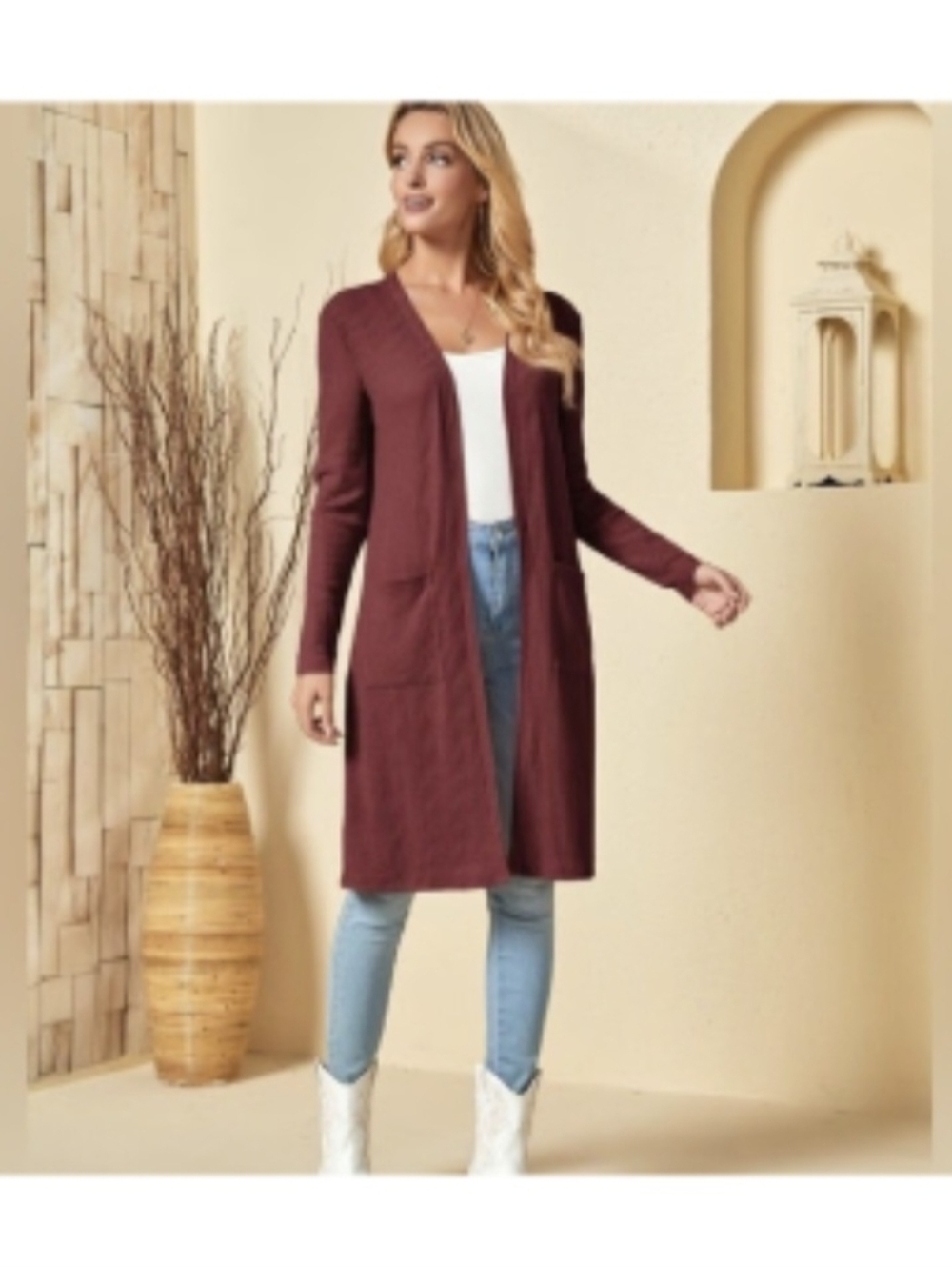 Long Open-Front Ribbed Cardigan in Dusty Mauve
